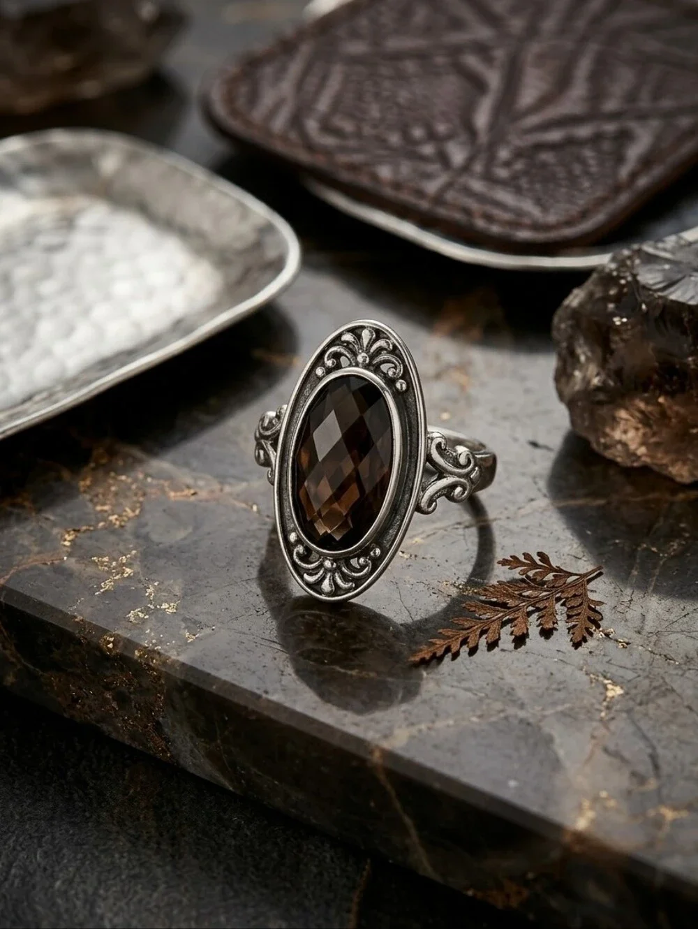 Vintage Doug Paulus Sterling Silver Oval Smokey Quartz Ring Size 9 Whimsigoth